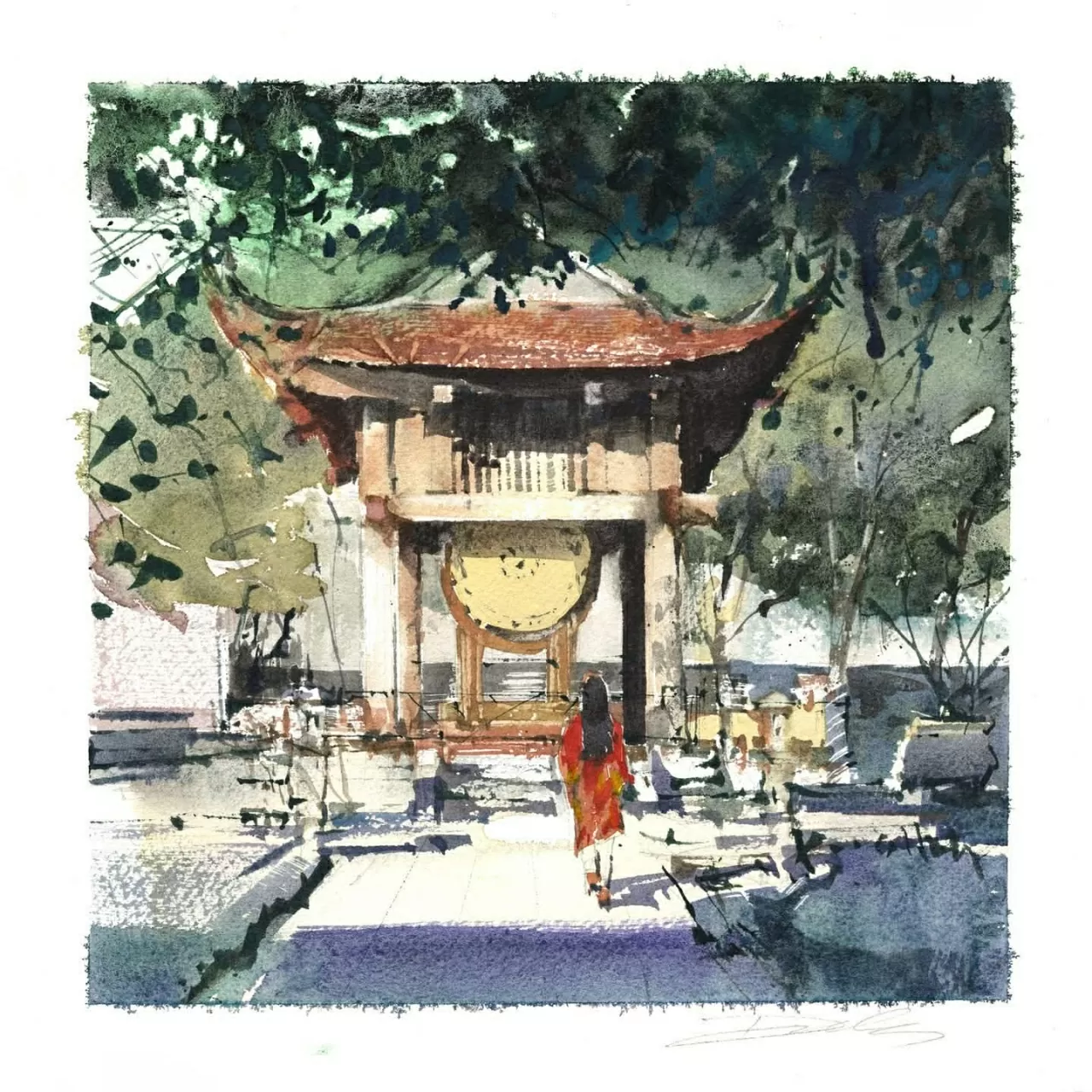 Một bức tranh màu nước về Văn Miếu - Quốc Tử Giám của họa sĩ Minh Đàm. (Ảnh NVCC) Một bức tranh màu nước về Văn Miếu - Quốc Tử Giám của họa sĩ Minh Đàm. (Ảnh NVCC)
