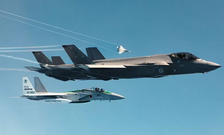 Japan Air Self-Defense Force F-15J Eagle fighter jets accompany a Royal Australian Air Force F-35A Lightning II during Exercise Bushido Guardian 2023 in Japan. AUSTRALIAN DEFENCE DEPARTMENT