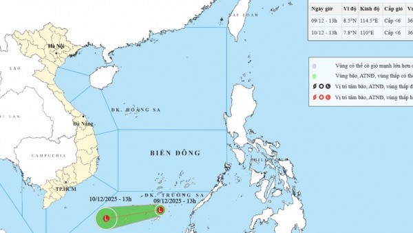 Vùng áp thấp hoạt động trên khu vực phía Nam Biển Đông di chuyển theo hướng Tây Tây Nam