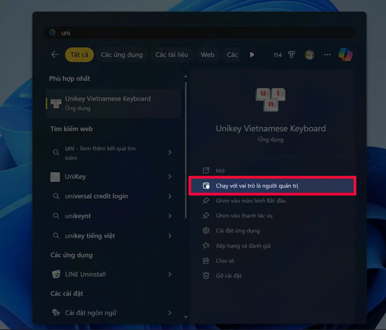 Nhấn chuột phải vào biểu tượng Unikey. Nhấn chuột phải vào biểu tượng Unikey.