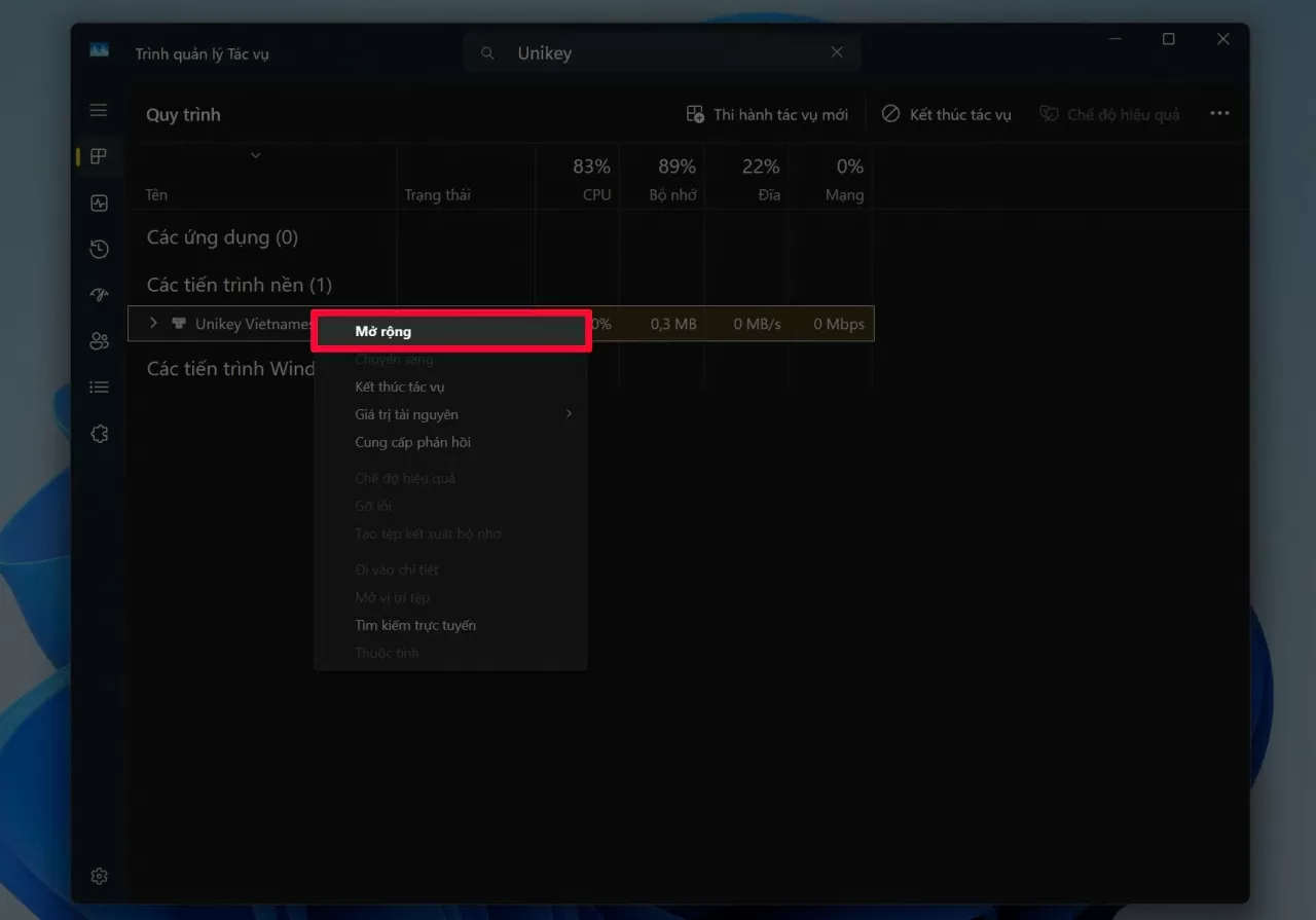 Xác định thư mục cài Unikey bằng cách nhập “Unikey” vào ô tìm kiếm.