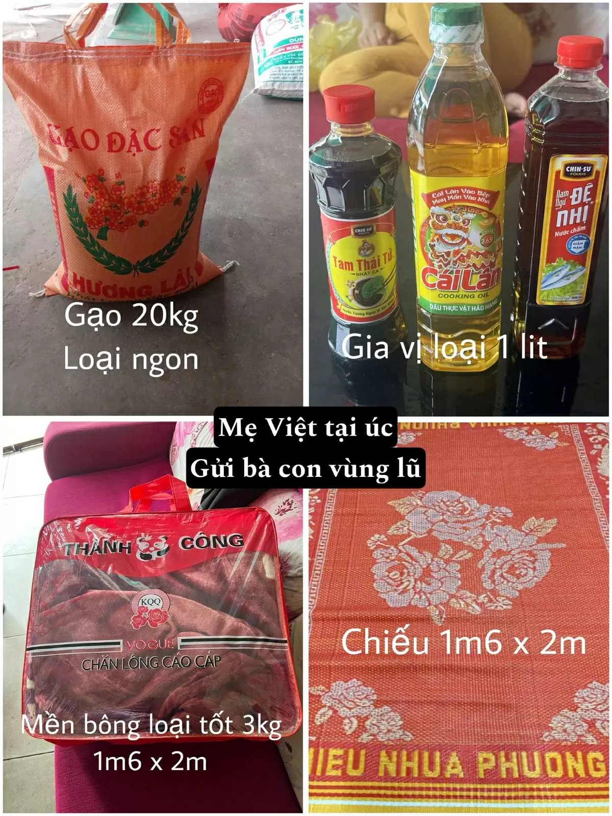 Những món quà giản dị mà ấm áp của Hội Mẹ Việt tại Australia gửi về quê hương. (Ảnh NVCC)