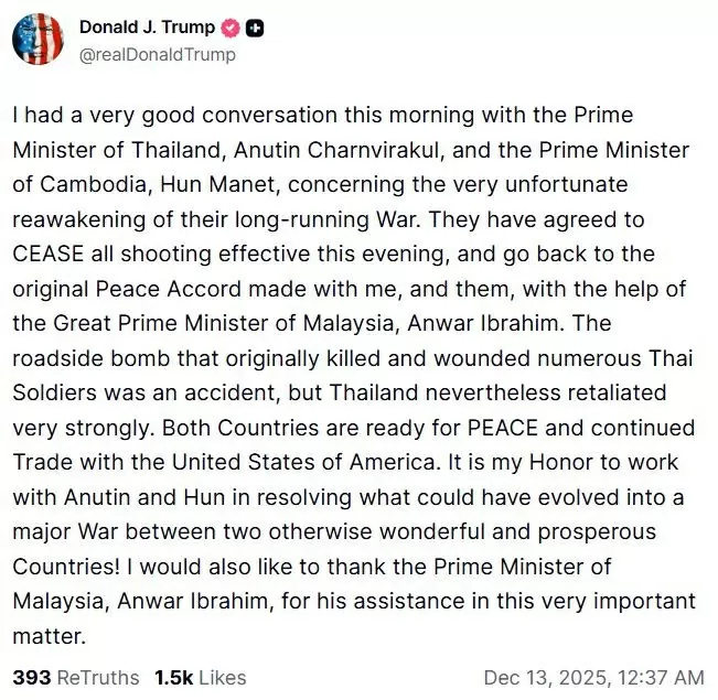 Tổng thống Trump: Thái Lan và Campuchia nhất trí ngừng bắn sau điện đàm Tổng thống Trump: Thái Lan và Campuchia nhất trí ngừng bắn sau điện đàm