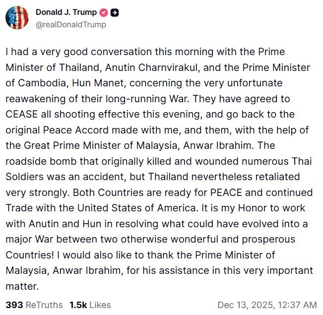 Tổng thống Trump: Thái Lan và Campuchia nhất trí 'chấm dứt tiếng súng' sau điện đàm