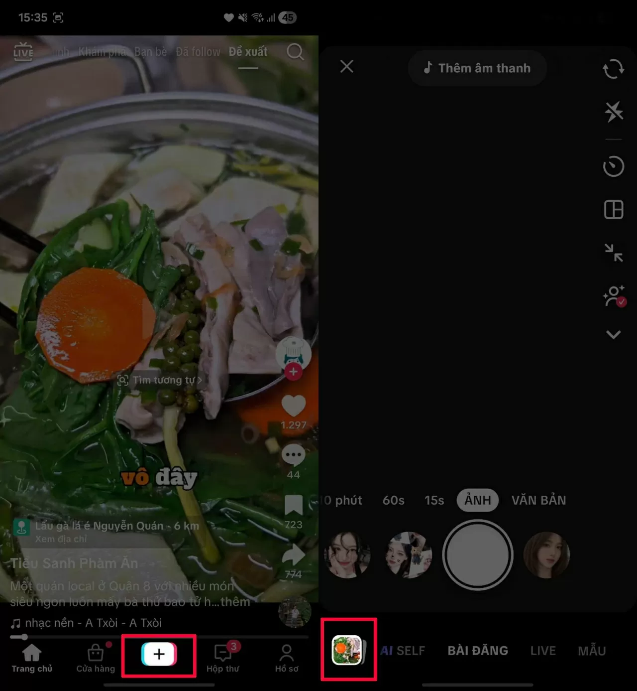Nhấn biểu tượng + ở giữa trang chủ. Nhấn biểu tượng + ở giữa trang chủ.