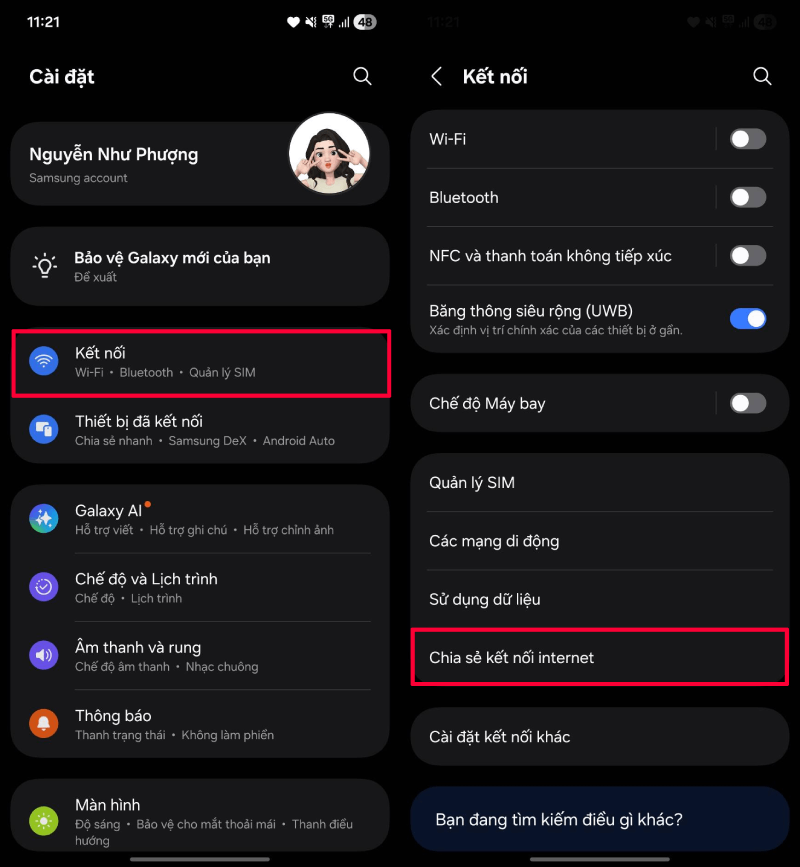 Mở Cài đặt, chọn Kết nối, sau đó nhấn vào Chia sẻ kết nối Internet. Mở Cài đặt, chọn Kết nối, sau đó nhấn vào Chia sẻ kết nối Internet.