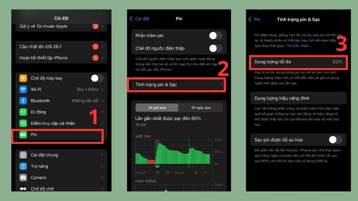 Quan sát Dung lượng tối đa, nếu dưới 80%, nên cân nhắc thay pin. Quan sát Dung lượng tối đa, nếu dưới 80%, nên cân nhắc thay pin.