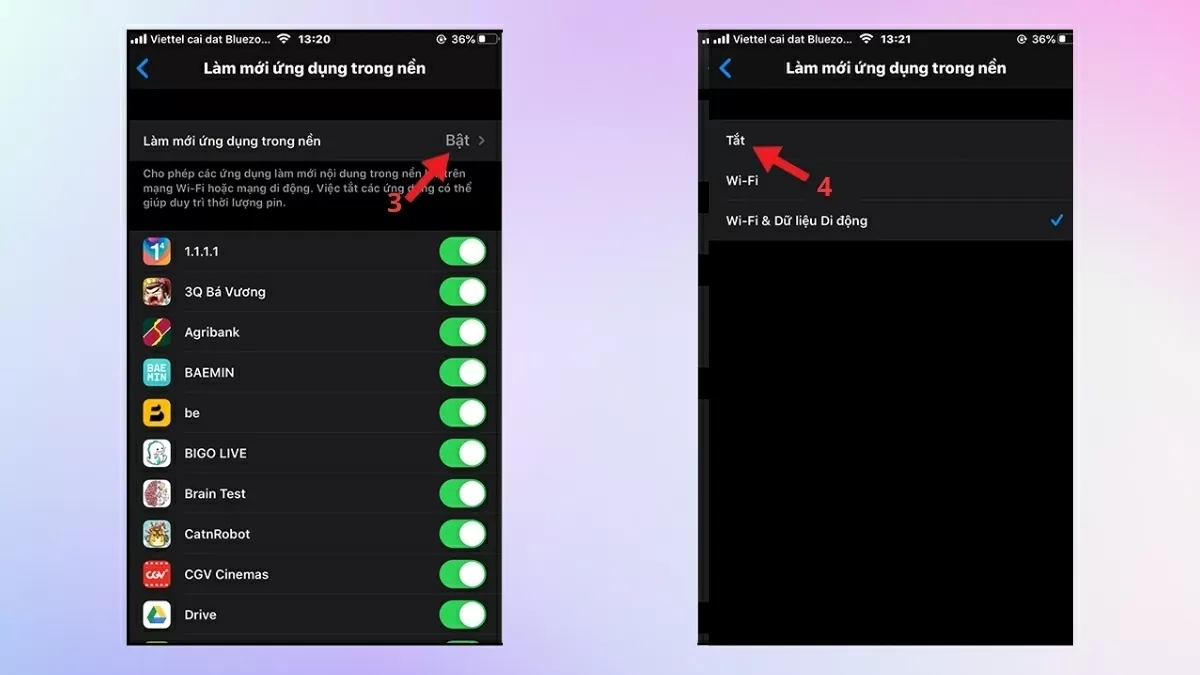 Nhấn vào mũi tên bên phải của Làm mới ứng dụng nền và chuyển sang Tắt. Nhấn vào mũi tên bên phải của Làm mới ứng dụng nền và chuyển sang Tắt.