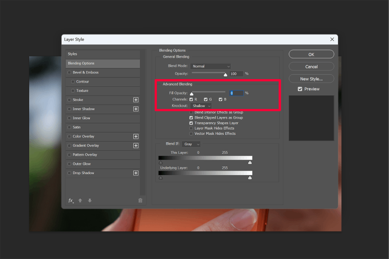 Trong hộp thoại Blending Options.