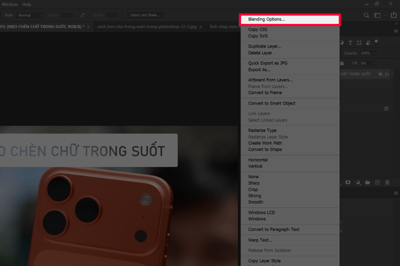 Nhấn đúp vào layer chữ để mở Layer Style, chọn Blending Options.