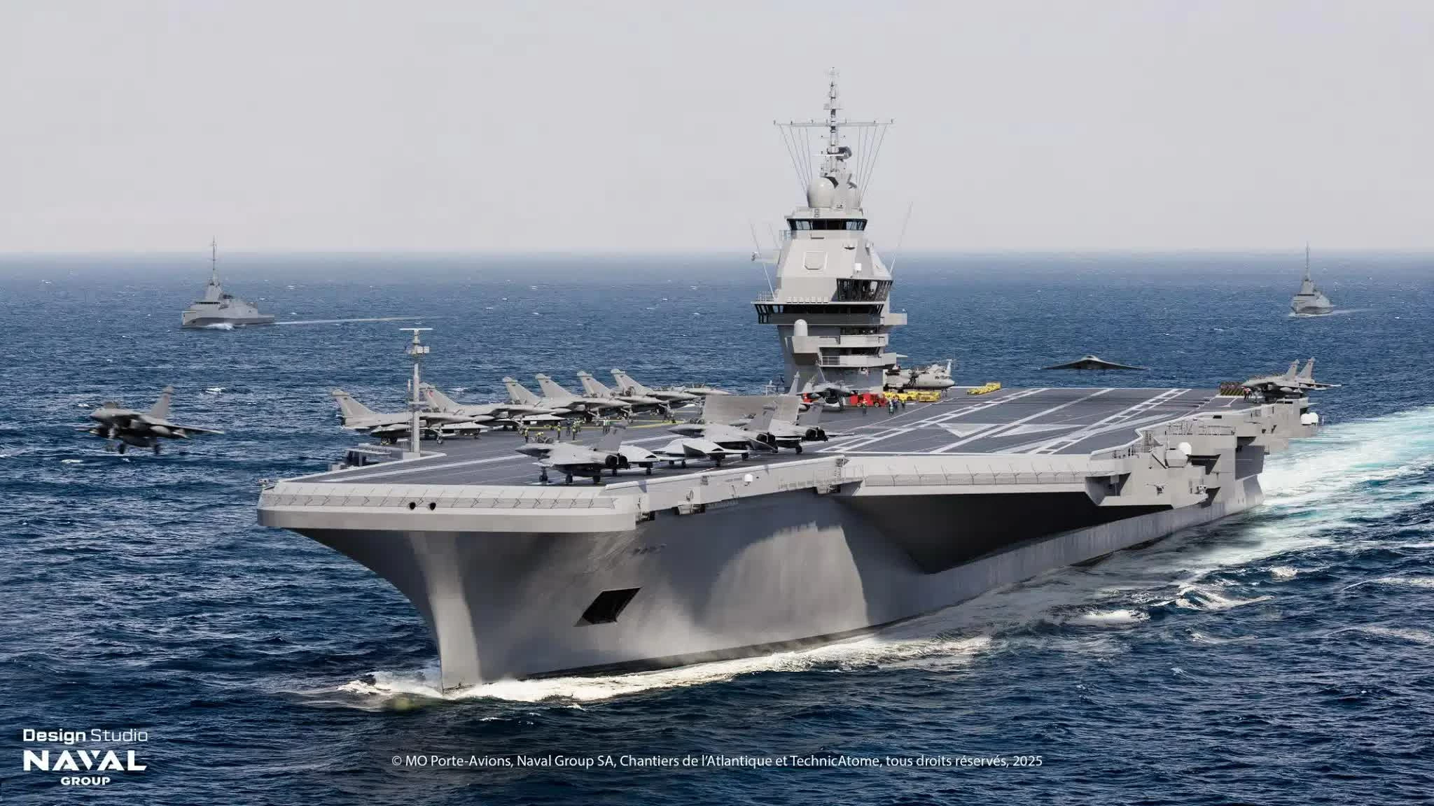 Hình ảnh minh họa do PA-Ng vẽ cho thấy máy bay PA-Ng phóng một máy bay Rafale M và thu hồi một máy bay không người lái UCAV. Ảnh của MO Portes-Avions / Naval Group.