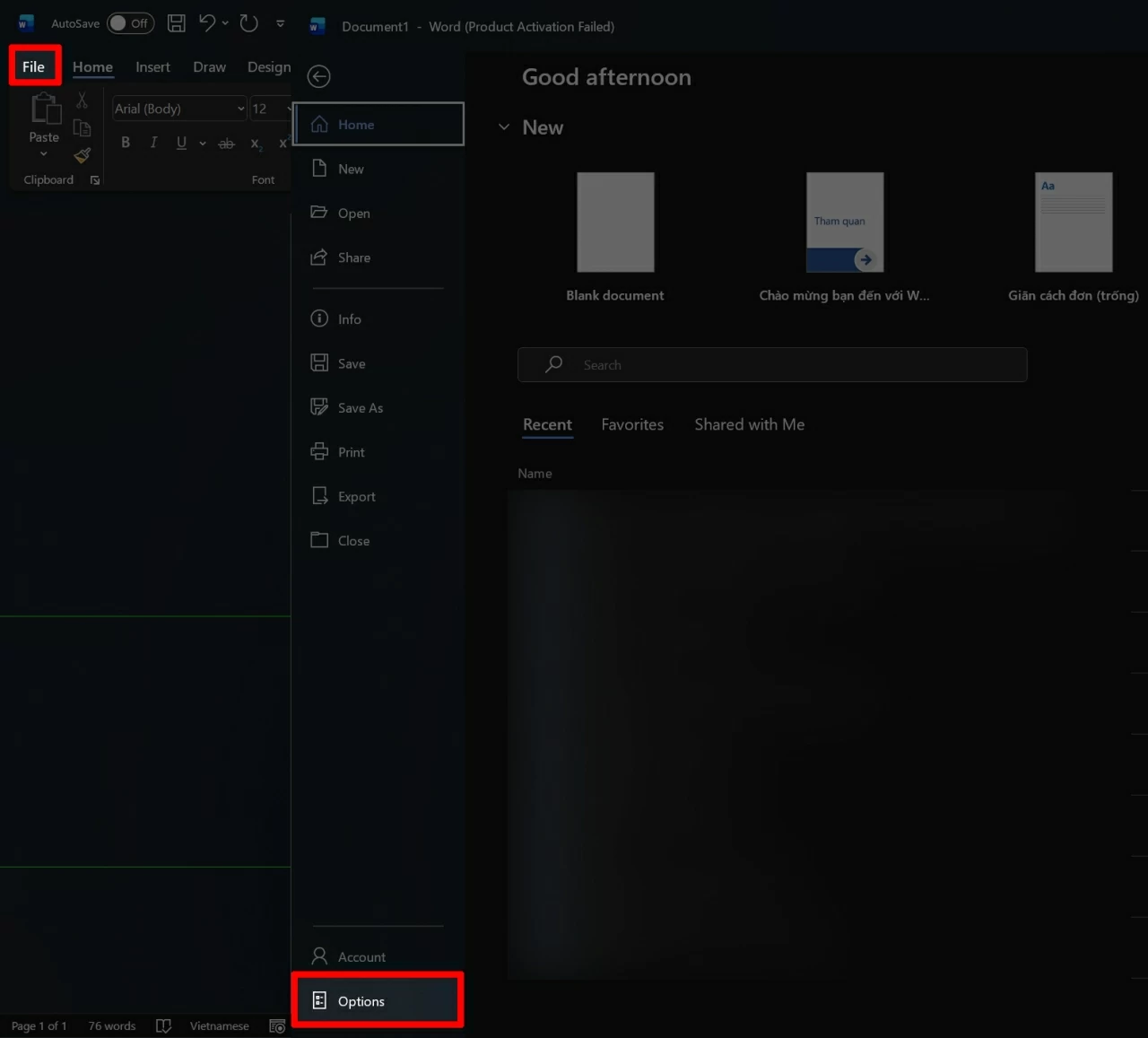 Bạn mở File trên Word rồi chọn Options.
