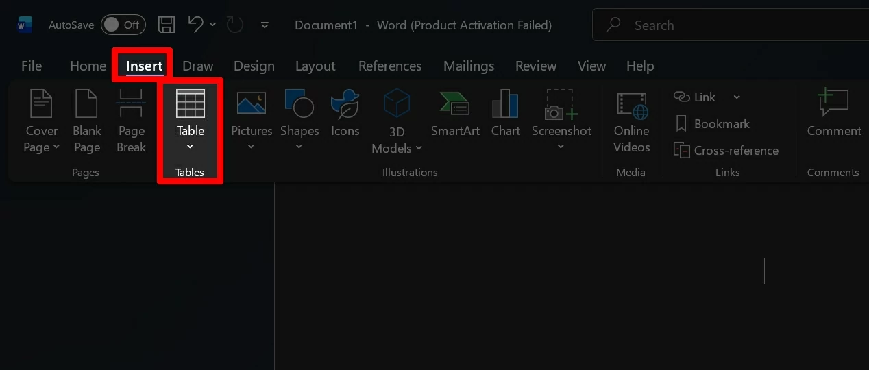 Trên máy tính, mở Word và vào thẻ Insert, sau đó chọn Table để tạo một bảng mới. 