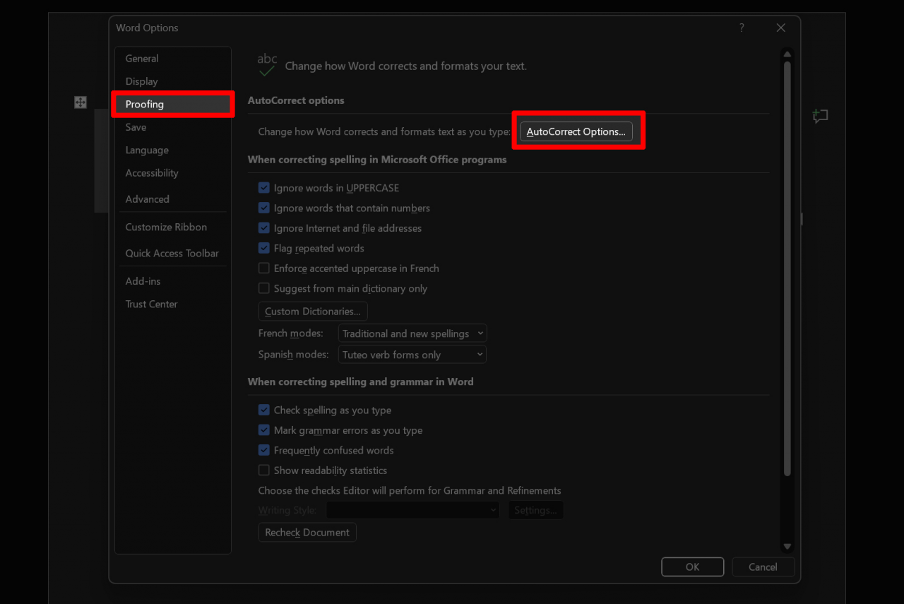 Trong cửa sổ Options, vào mục Proofing và nhấn vào AutoCorrect Options.