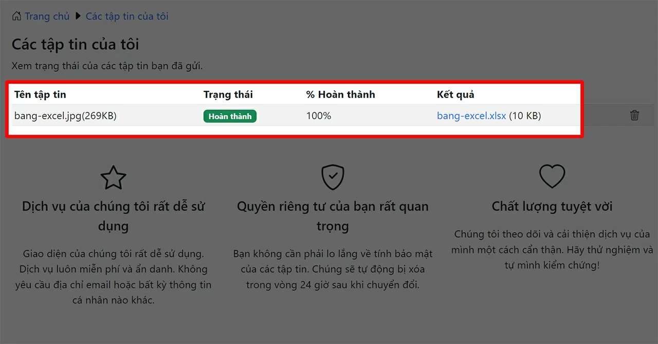 Sau khi quá trình chuyển đổi hoàn tất, nhấn vào tên file để tải file Excel về máy.