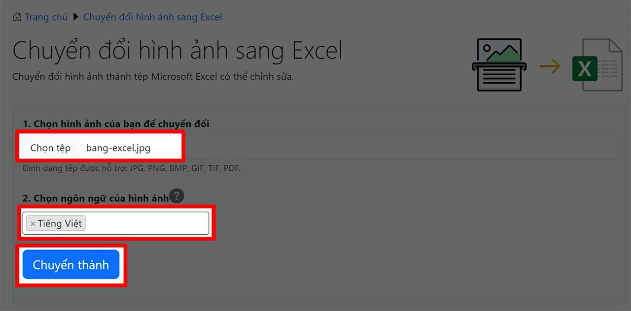 Tải file ảnh cần chuyển lên.