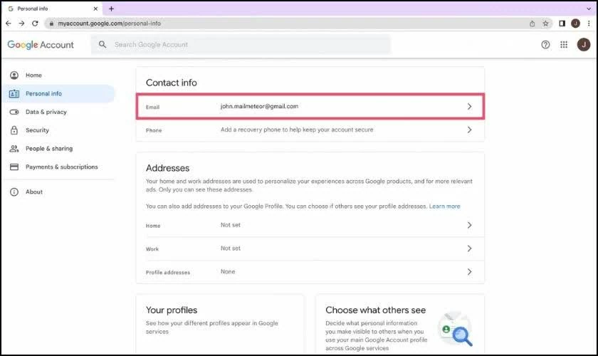 Mở phần Thông tin liên hệ – Email.
