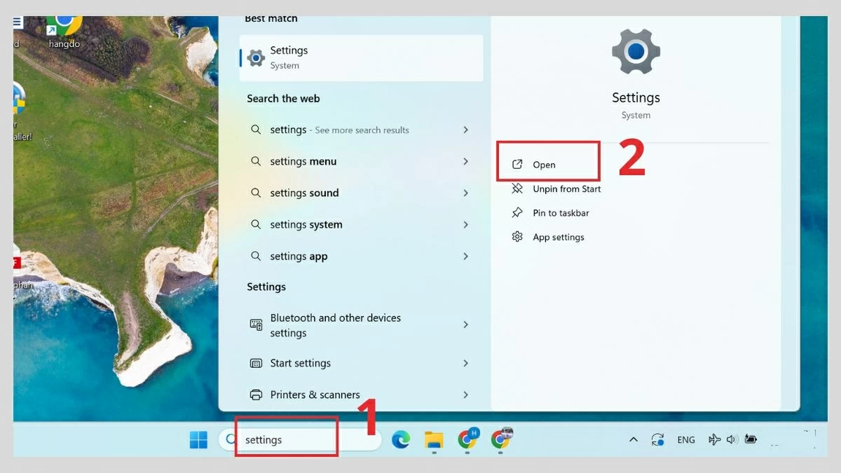 Mở Settings từ thanh tìm kiếm và chọn Open.