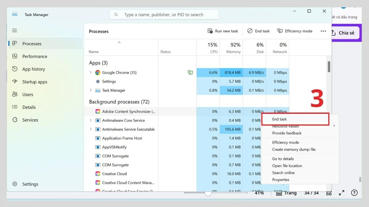 Nhấp chuột phải vào ứng dụng cần tắt, chọn End Task.