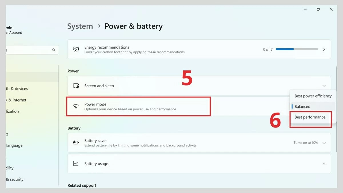 Trong Power Mode, chọn Best Performance để tối ưu hiệu suất. Trong Power Mode, chọn Best Performance để tối ưu hiệu suất.