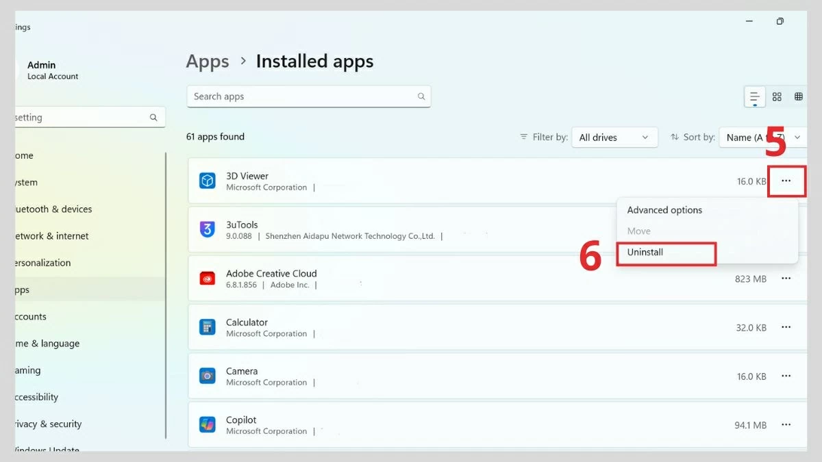 Tại ứng dụng muốn gỡ, nhấn vào dấu “...” và chọn Uninstall. Tại ứng dụng muốn gỡ, nhấn vào dấu “...” và chọn Uninstall.