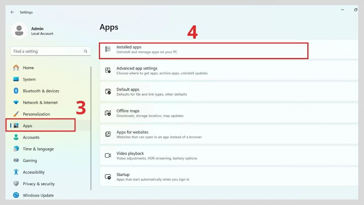 Sau đó, chọn Apps → Installed apps.