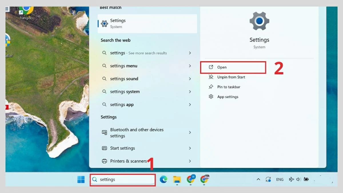 Mở Settings từ thanh tìm kiếm.