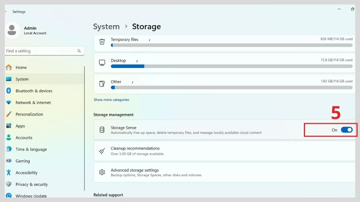 Bật Storage Sense sang On để hệ thống tự động dọn dẹp. Bật Storage Sense sang On để hệ thống tự động dọn dẹp.