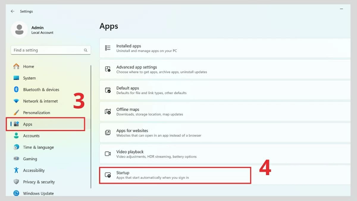 Chọn Apps → Startup.