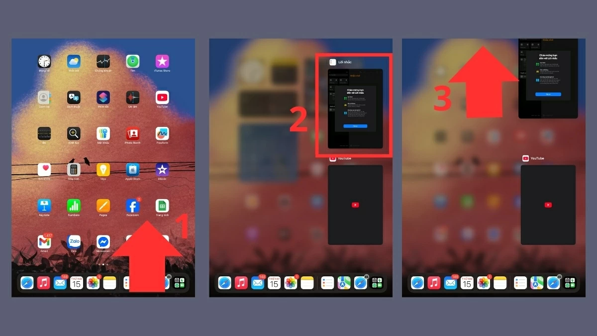 Vuốt nhẹ từ dưới màn hình lên và giữ vài giây để mở chế độ đa nhiệm. Vuốt nhẹ từ dưới màn hình lên và giữ vài giây để mở chế độ đa nhiệm.