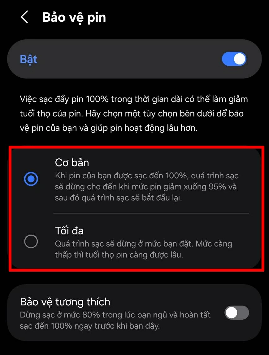 Bảo vệ pin, sau đó bật giới hạn sạc khoảng 85%.