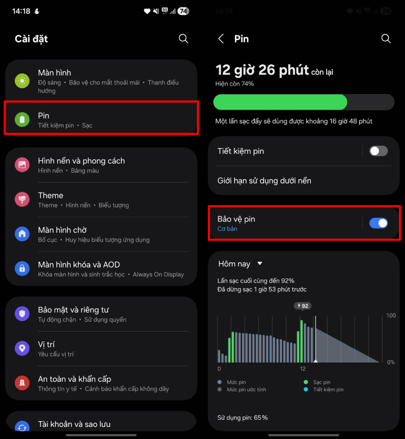 Vào Cài đặt > Pin > Bảo vệ pin. Vào Cài đặt > Pin > Bảo vệ pin.