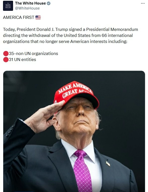 Mỹ tuyên bố rút khỏi 66 tổ chức, gần một nửa nằm trong LHQ. (Nguồn: X)