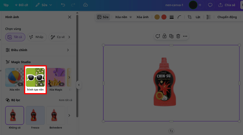 Trong giao diện chỉnh sửa, chọn Trình chỉnh sửa nền để kích hoạt tính năng AI thông minh của Canva.