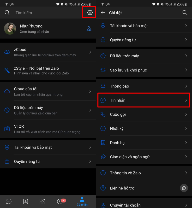 Mở Zalo, vào Cá nhân, nhấn biểu tượng cài đặt (răng cưa). Mở Zalo, vào Cá nhân, nhấn biểu tượng cài đặt (răng cưa).