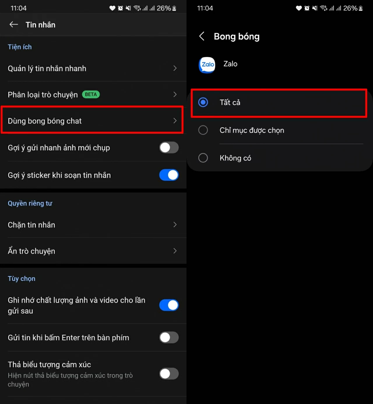 ìm mục Dùng bong bóng chat và chọn Tất cả.