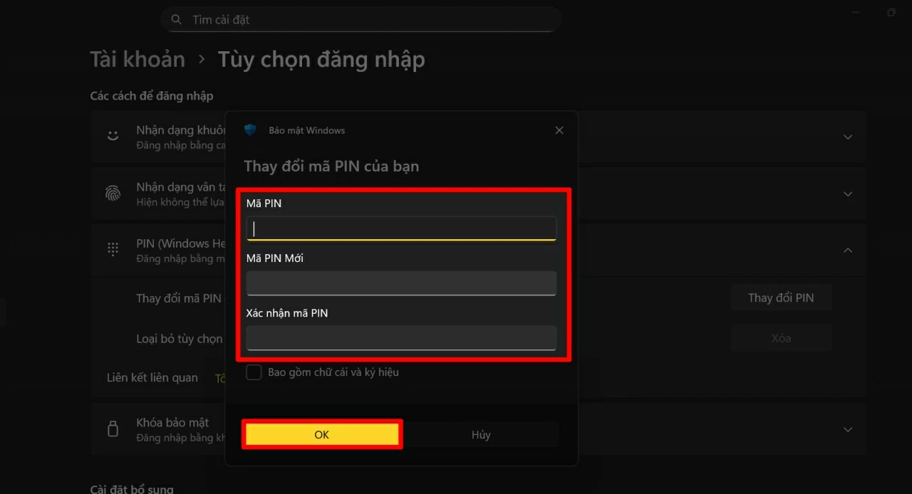 Làm theo hướng dẫn trên màn hình để tạo mã PIN mới.