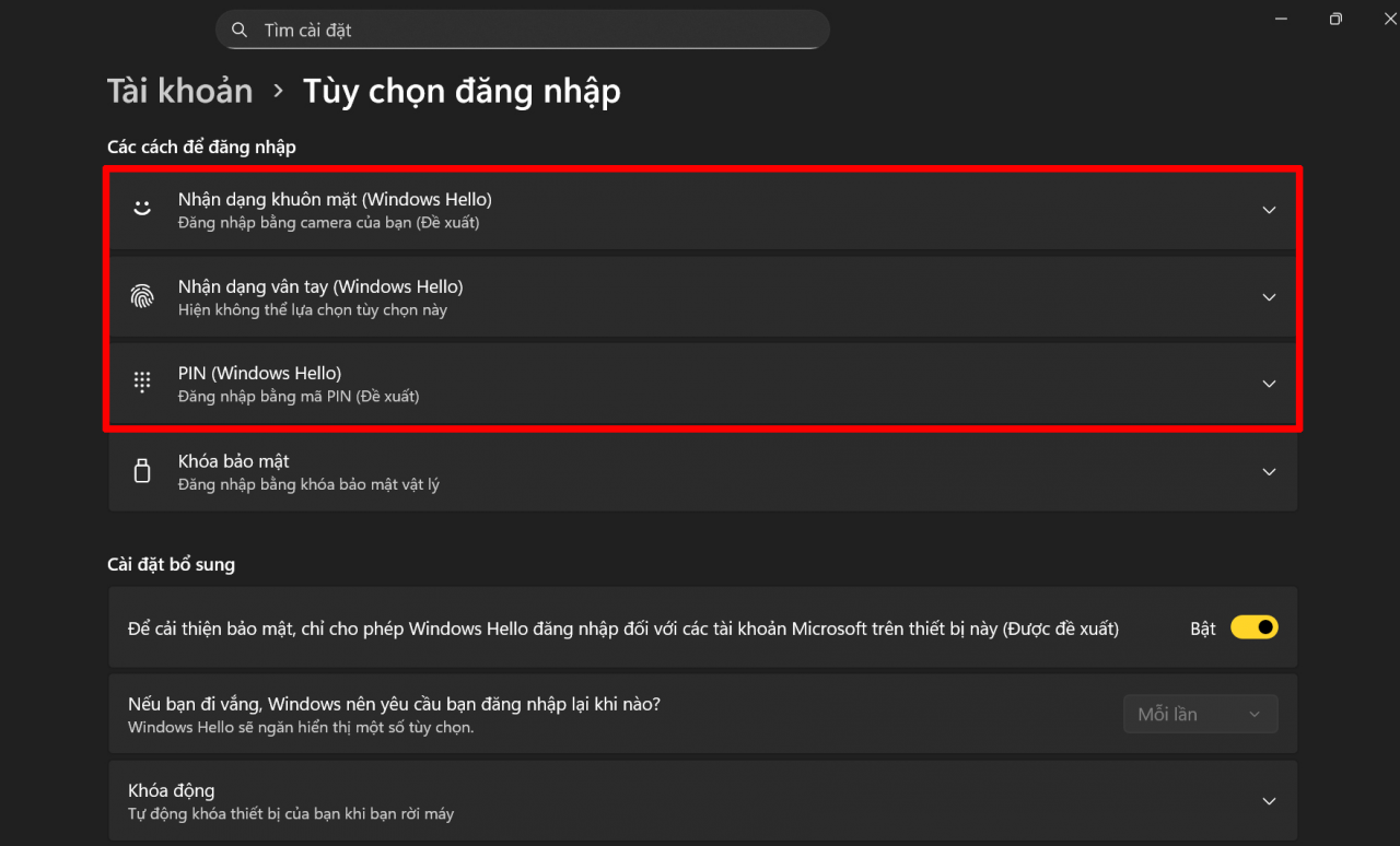 Trong danh sách các hình thức bảo mật được hiển thị. Trong danh sách các hình thức bảo mật được hiển thị.