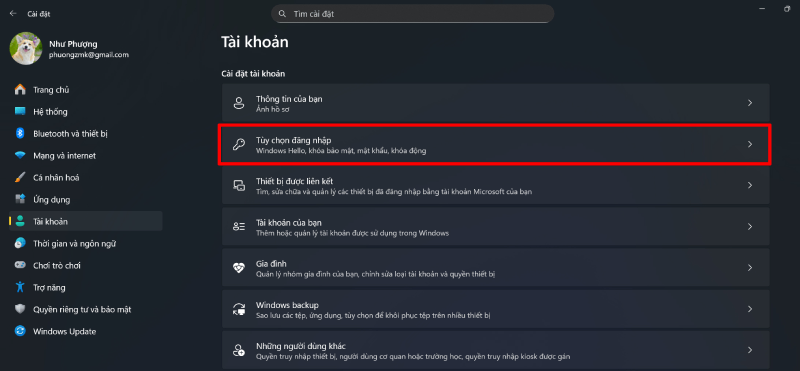 Tại phần Tài khoản, bạn tiếp tục chọn Tùy chọn đăng nhập (Sign-in options). Tại phần Tài khoản, bạn tiếp tục chọn Tùy chọn đăng nhập (Sign-in options).