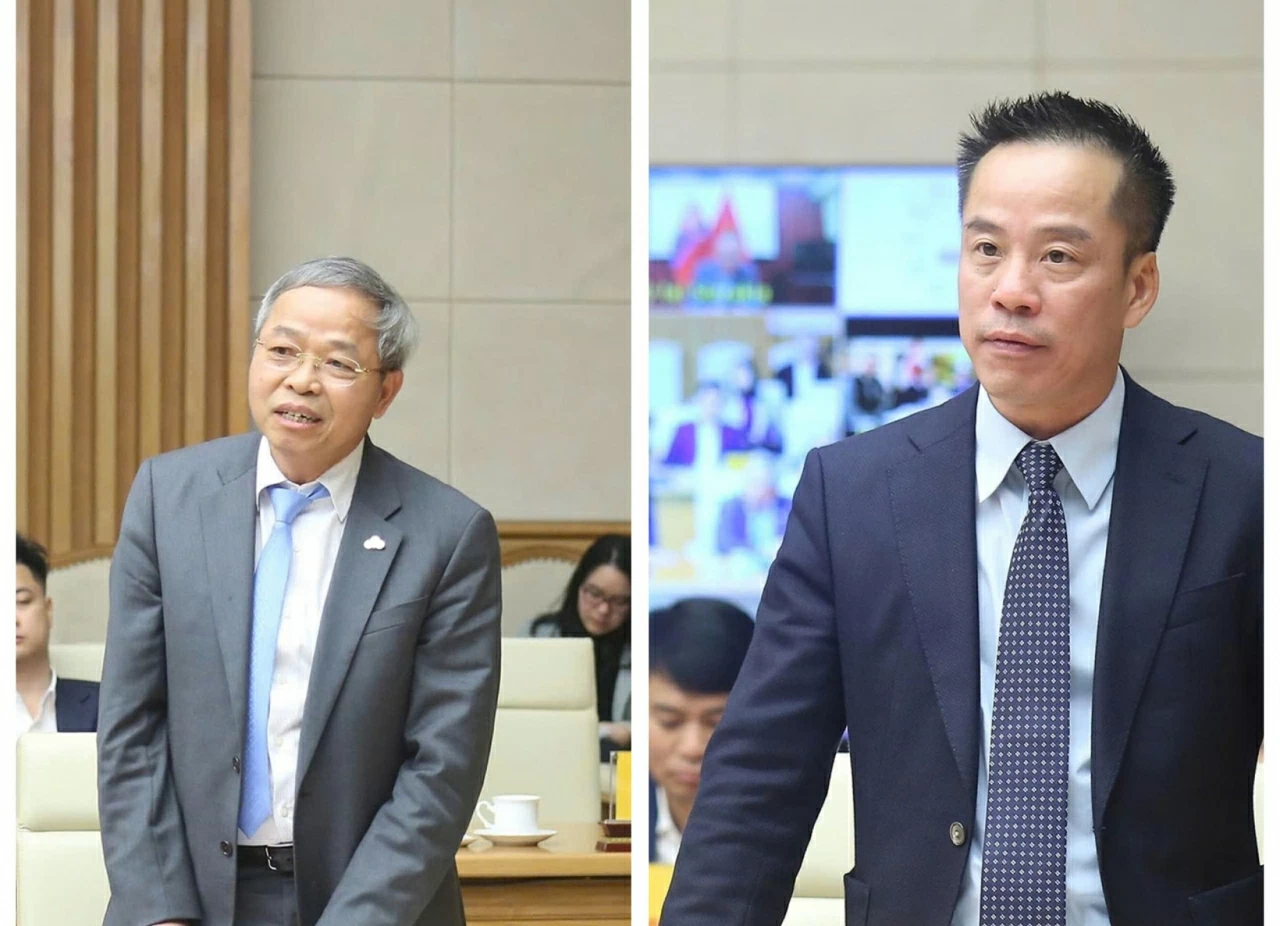 Từ trái qua phải, Chủ tịch của Tập đoàn Công nghệ CMC Nguyễn Trung Chính và Tổng Giám đốc Công ty Lương thực miền Bắc Trần Sơn Hà phát biểu tại Hội nghị. (Ảnh: Thành Long)