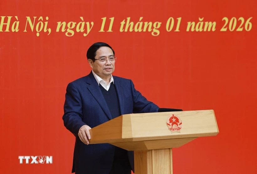 Đồng chí Phạm Minh Chính, Bí thư Đảng ủy, Thủ tướng Chính phủ phát biểu khai mạc Hội nghị tổng kết công tác năm 2025, triển khai phương hướng, nhiệm vụ năm 2026. (Nguồn: TTXVN)