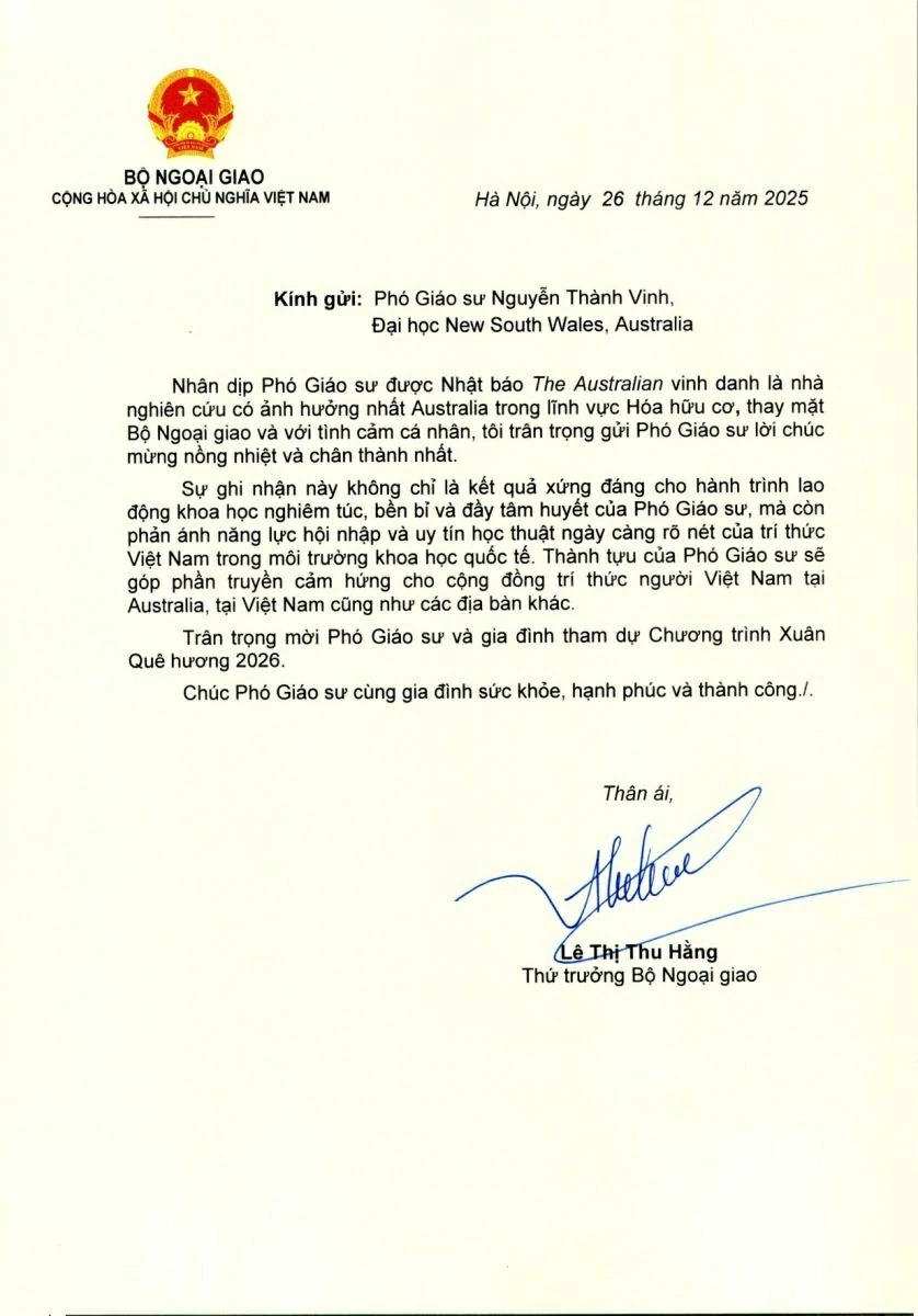 Trí thức Việt Nam được vinh danh là nhà nghiên cứu có ảnh hưởng nhất Australia trong lĩnh vực Hóa hữu cơ