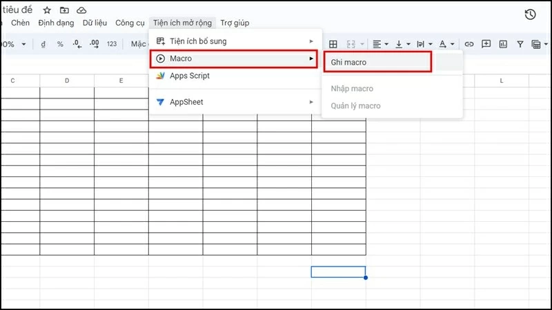 Vào Tiện ích mở rộng > chọn Macro > nhấp Ghi Macro để lưu thao tác cần thực hiện. Vào Tiện ích mở rộng > chọn Macro > nhấp Ghi Macro để lưu thao tác cần thực hiện.