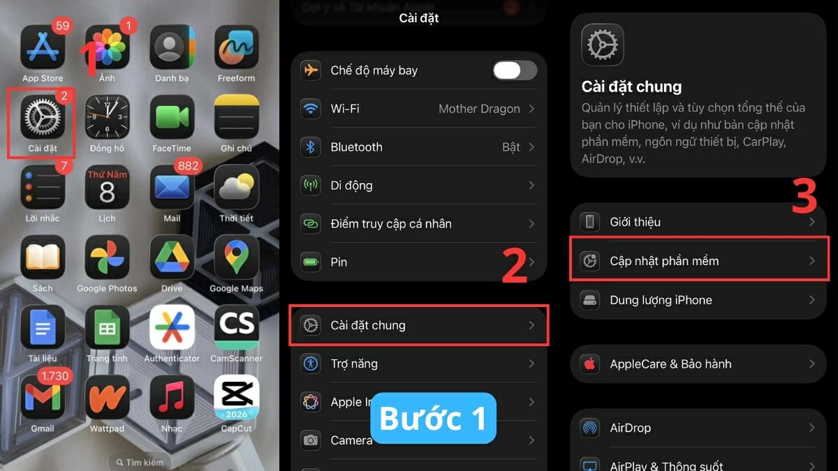 Đầu tiên, vào Cài đặt > Cài đặt chung > Cập nhật phần mềm. Đầu tiên, vào Cài đặt > Cài đặt chung > Cập nhật phần mềm.