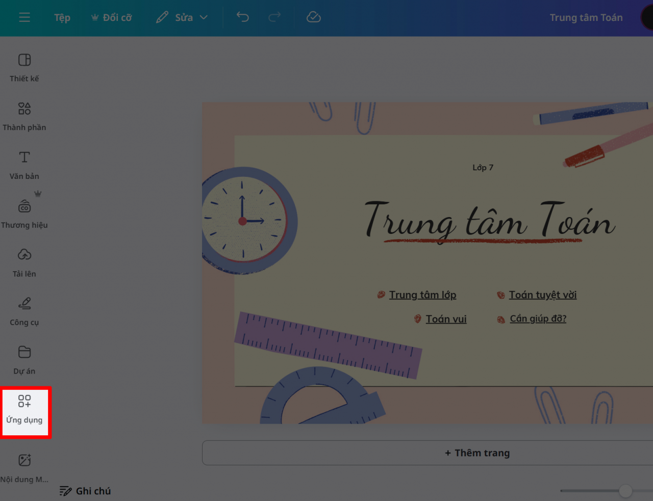 Trong giao diện chỉnh sửa, chọn mục Ứng dụng.