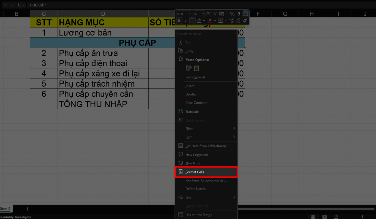 Nhấn chuột phải vào vùng đã chọn và chọn Format Cells để mở cửa sổ định dạng ô.