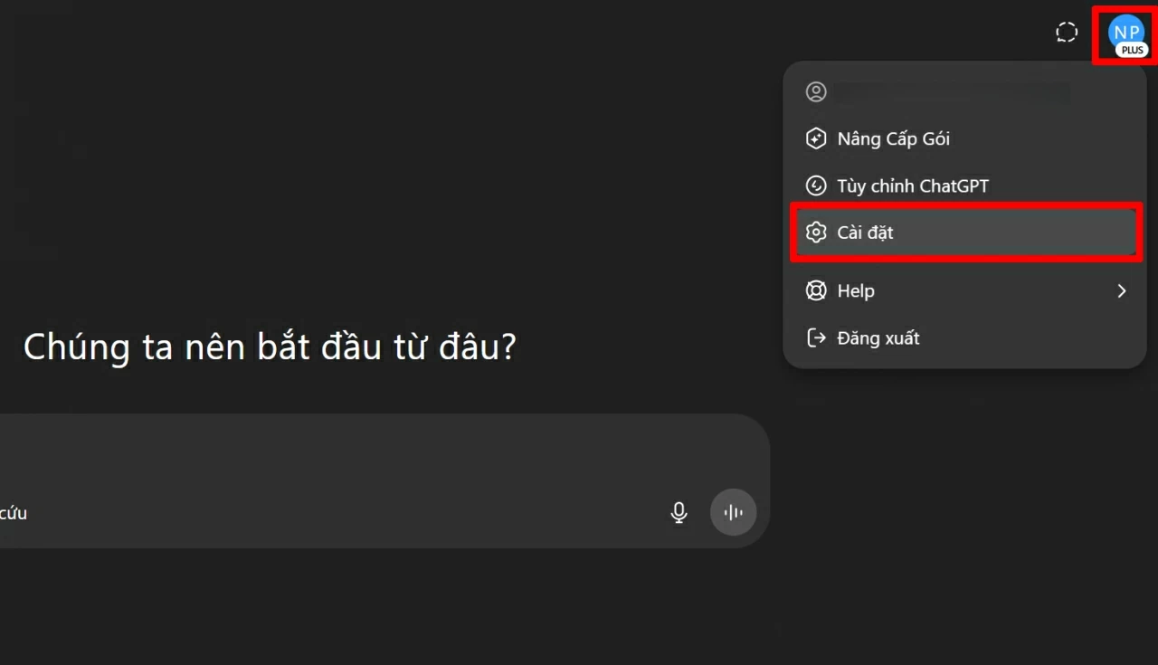 Nhấp vào biểu tượng avatar ở góc dưới bên trái màn hình ChatGPT. Nhấp vào biểu tượng avatar ở góc dưới bên trái màn hình ChatGPT.