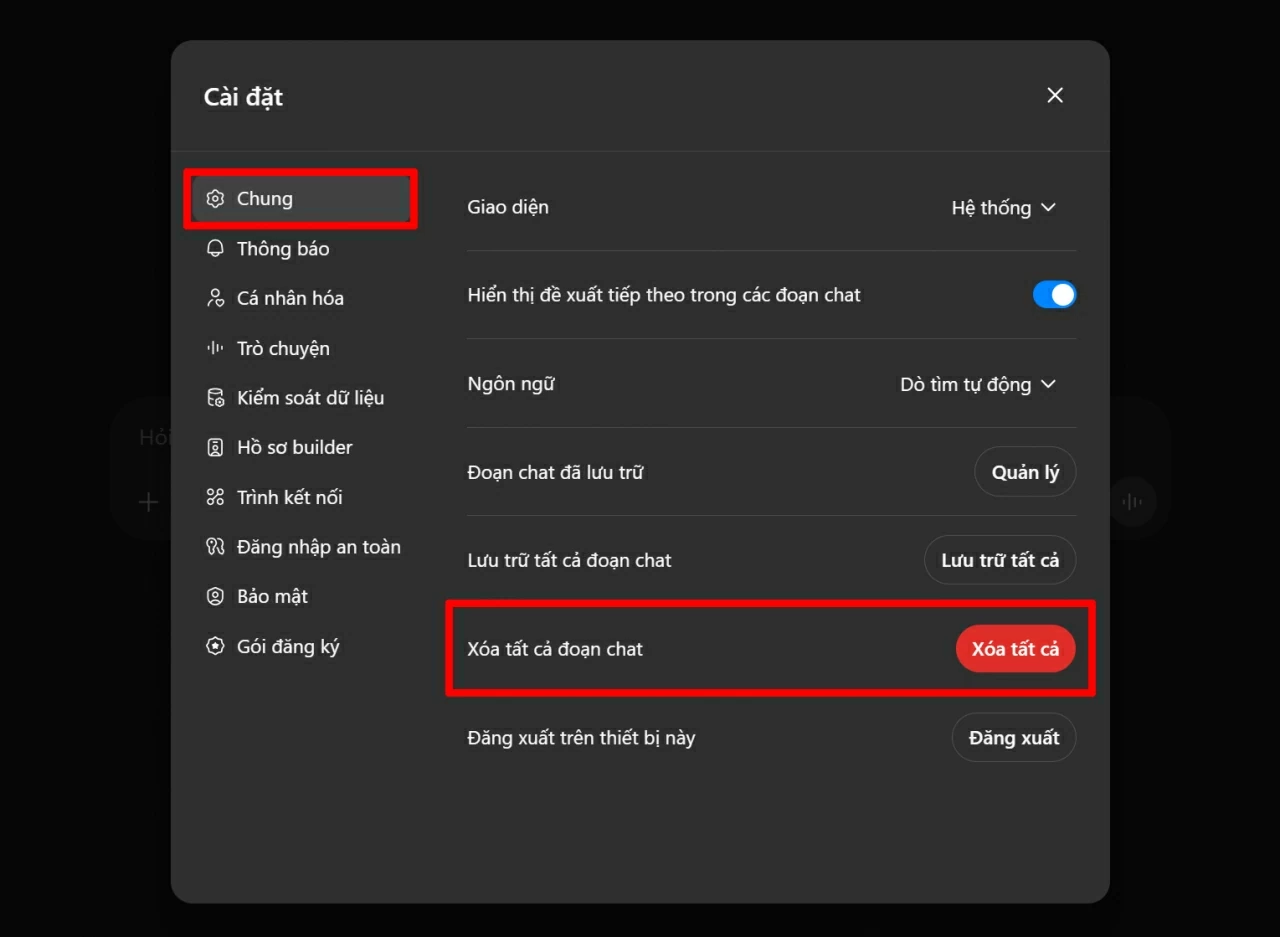 Trong mục Cài đặt, vào Chung rồi chọn Xóa tất cả đoạn chat. Trong mục Cài đặt, vào Chung rồi chọn Xóa tất cả đoạn chat.