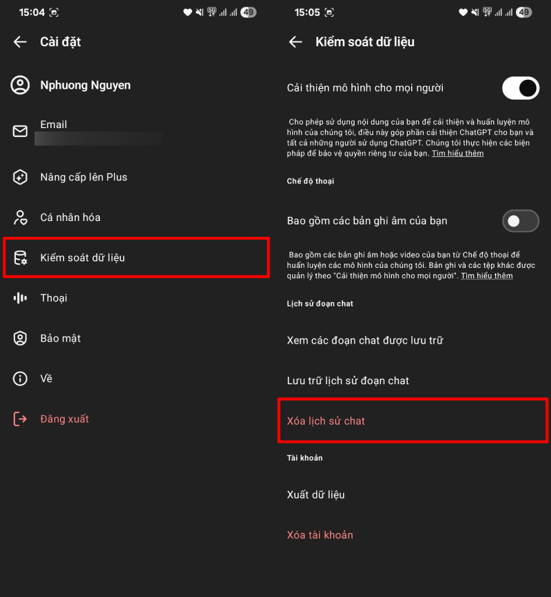 Trong giao diện tài khoản, chọn Kiểm soát dữ liệu.