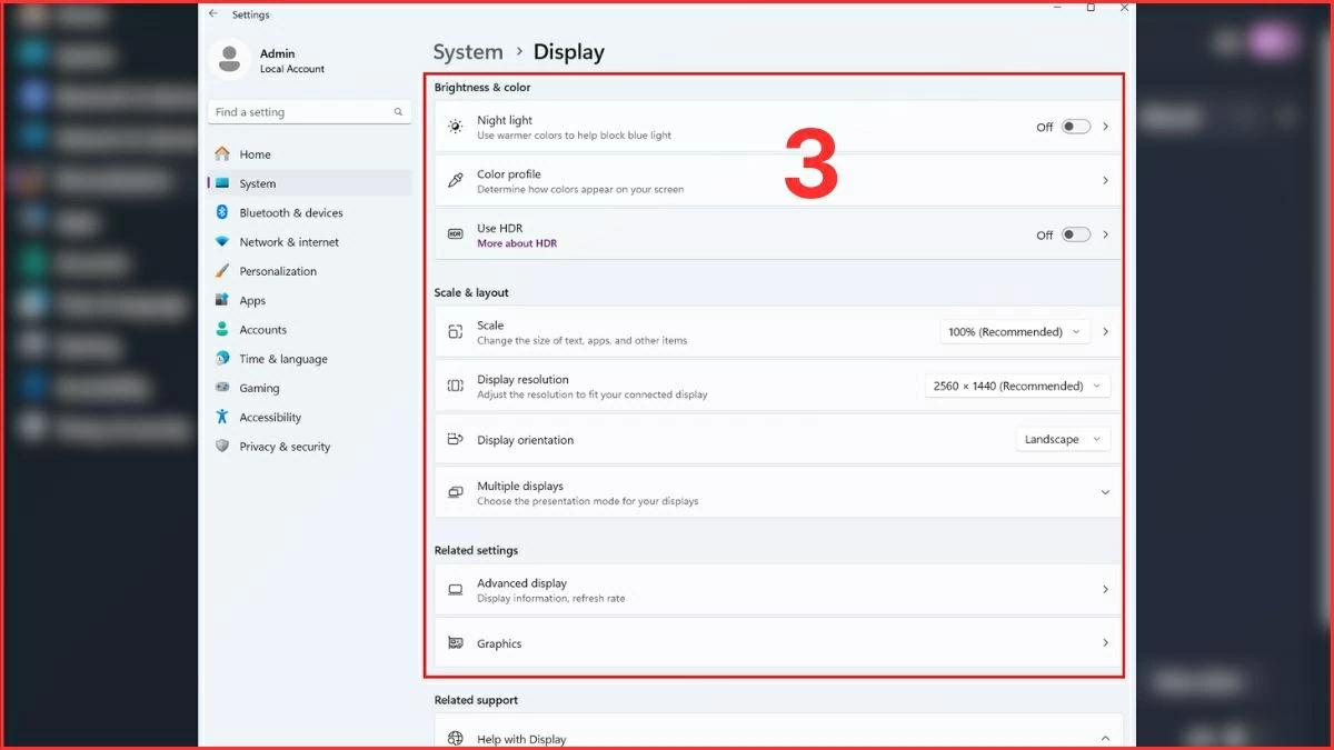 Điều chỉnh độ phân giải, tỷ lệ hiển thị và các thông số khác.